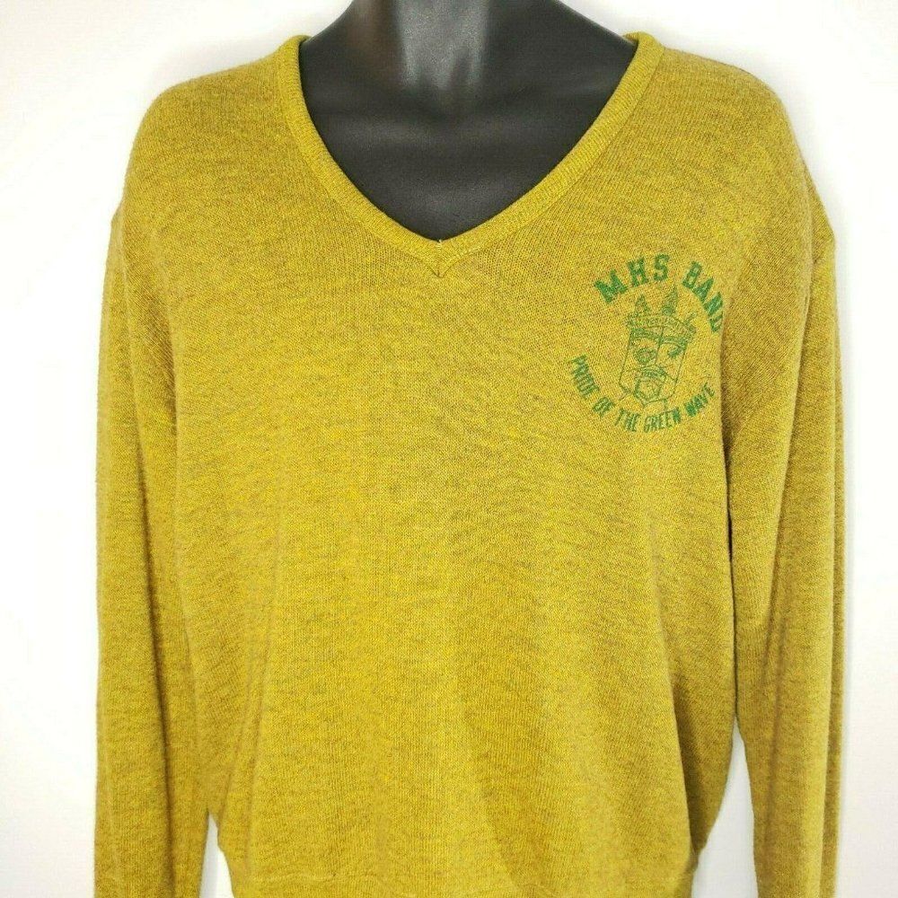 Vintage Velva Sheen V Neck Sweater L MHS Band Yellow Matoon IL